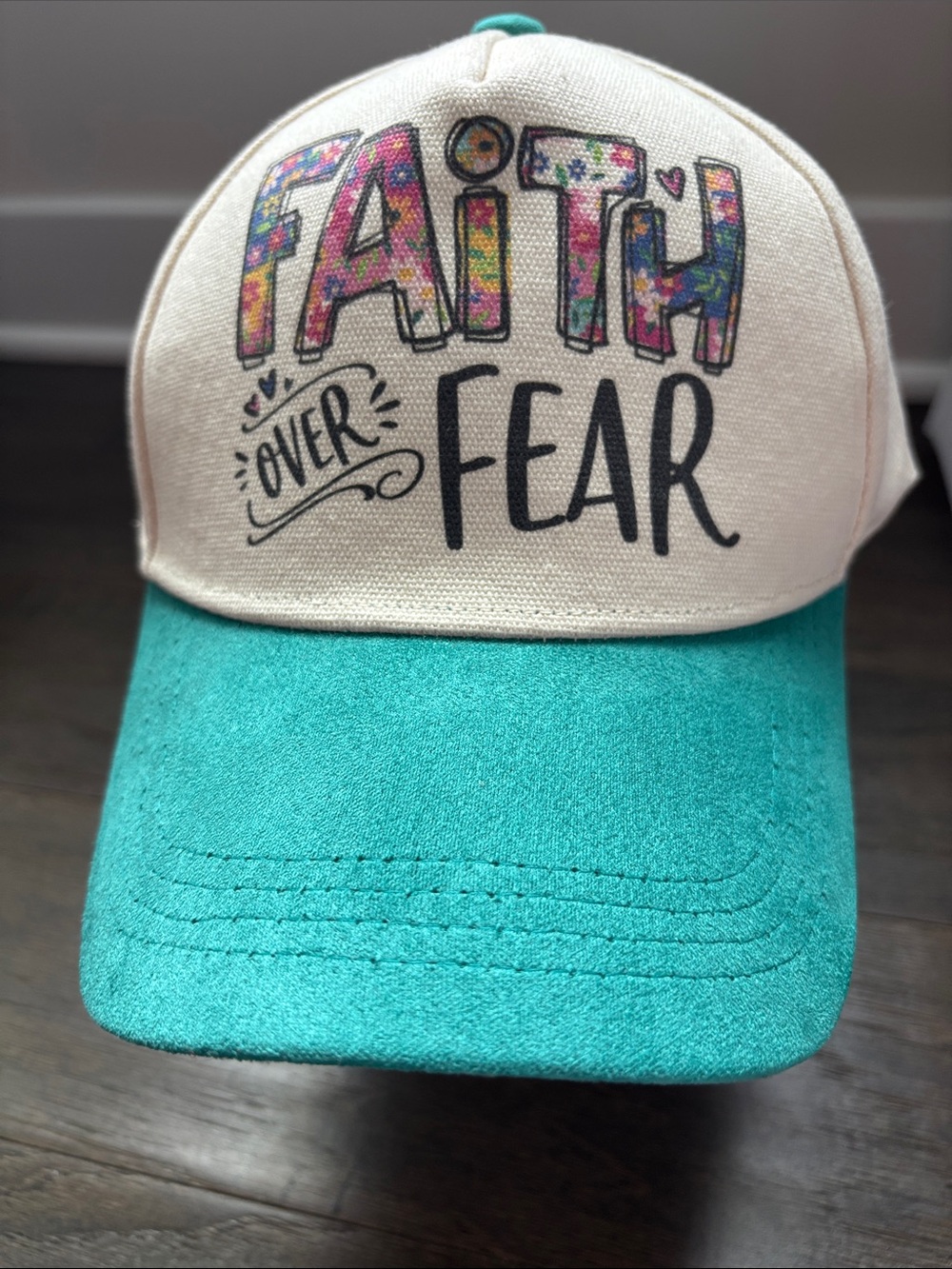 Faith Over Fear print canvas cap,buckle adjustable back 6 vent panel,velvet bill
